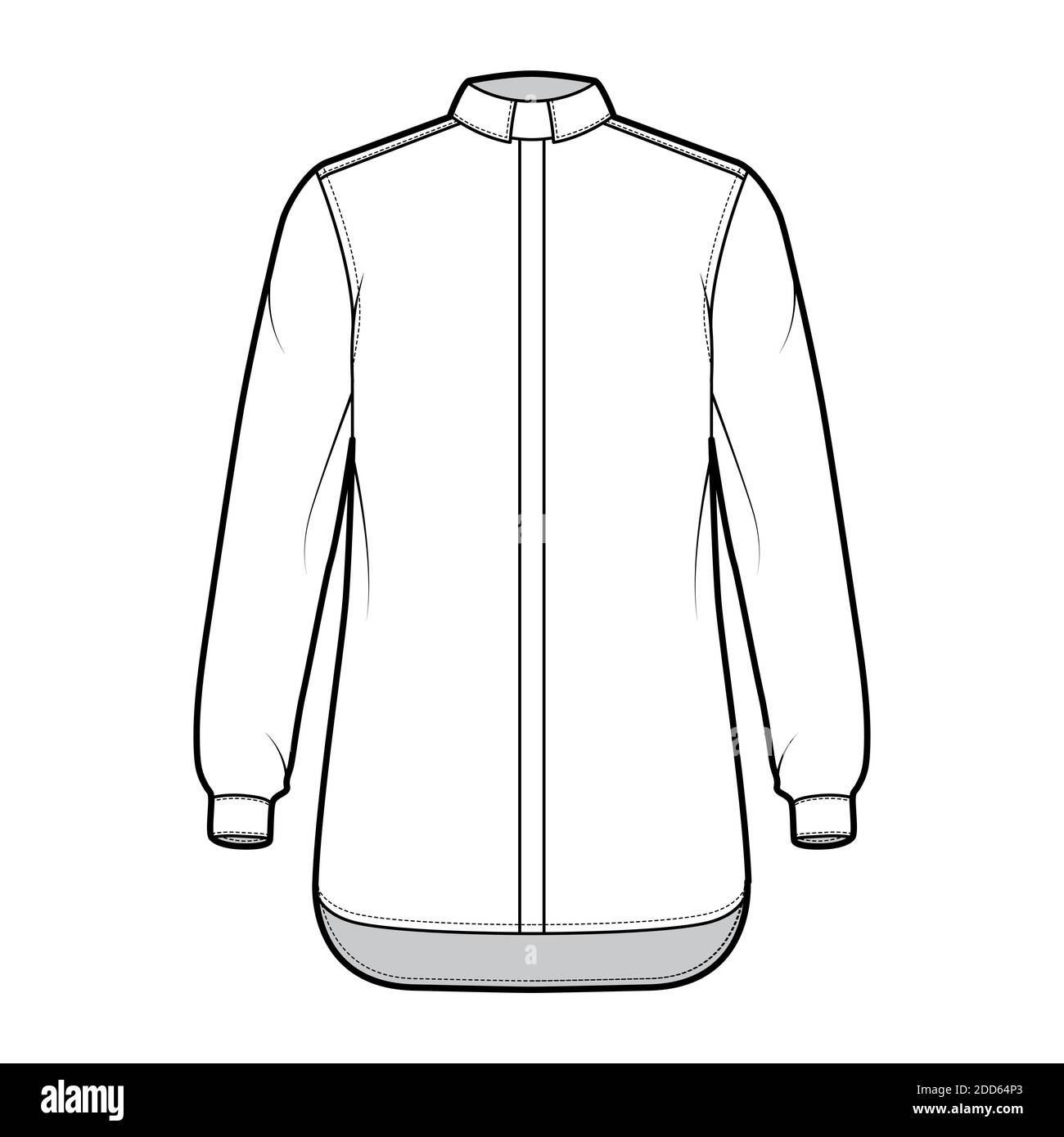 Shirt clergy technical fashion illustration with long sleeves with cuff, relax fit, concealed button-down, Tab Collar. Flat template front, white color. Women men unisex top CAD mockup Stock Vector