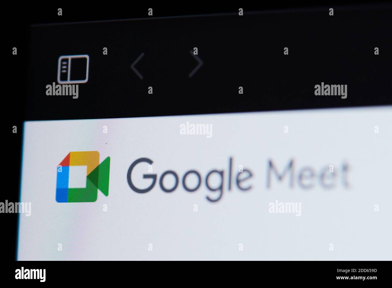 New york, USA - November 24, 2020: Google meet service on laptop screen macro close up view Stock Photo