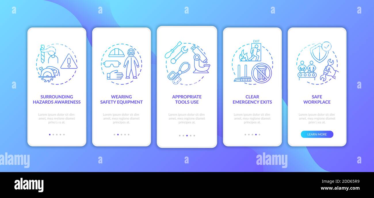 Workplace safety elements onboarding mobile app page screen with concepts Stock Vector