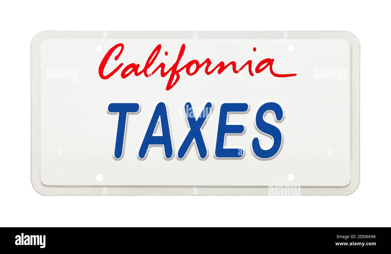 California License Plate with Taxes Printed on It. Stock Photo