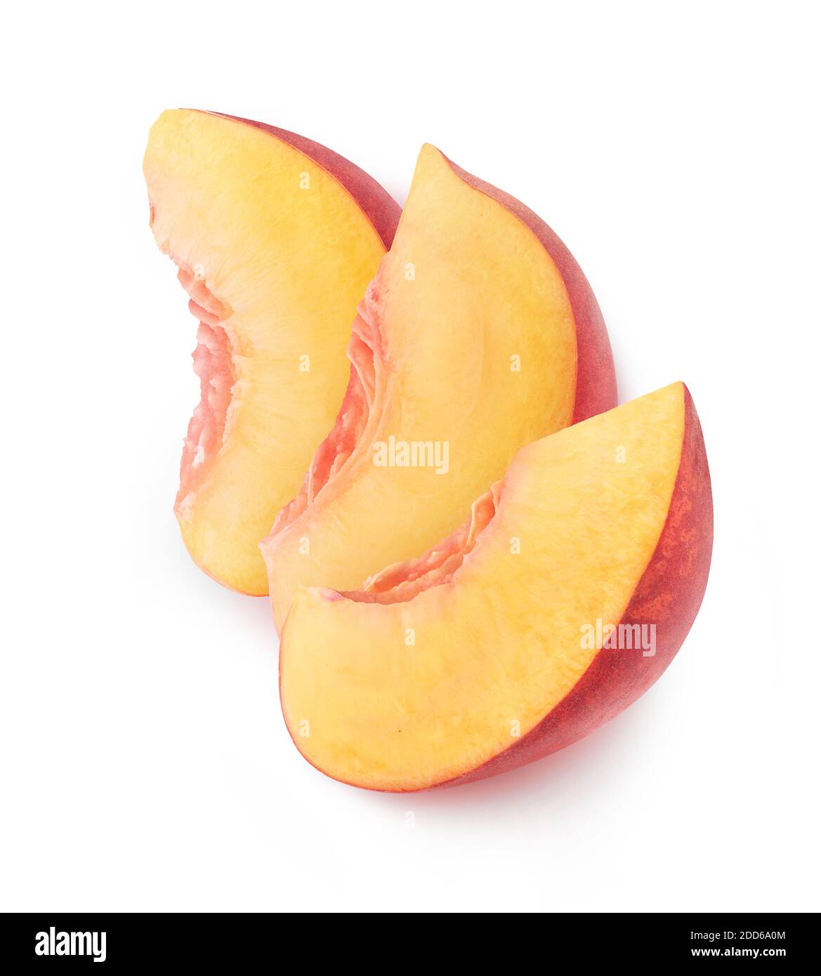 Isolated peach slices. Three pieces of peach fruit in a row on top of