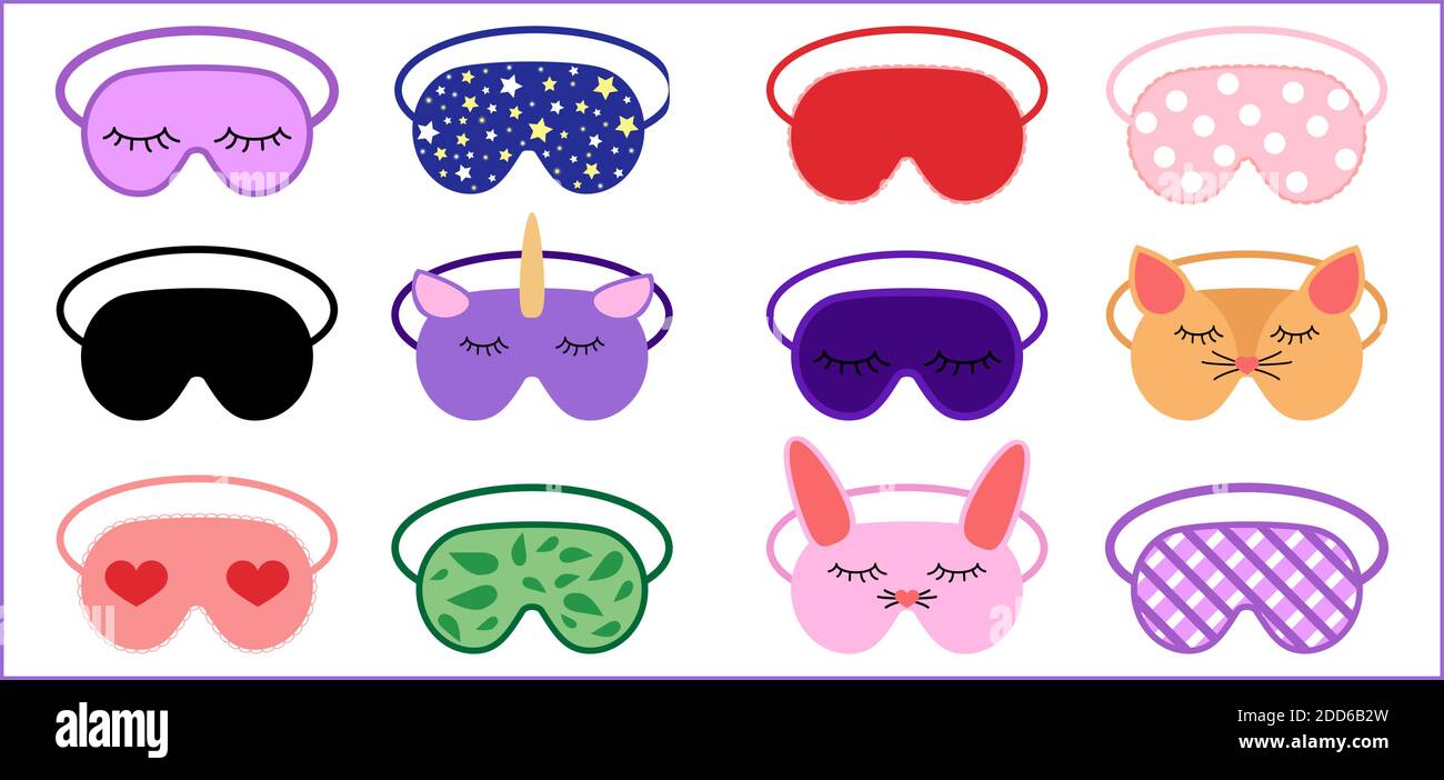 Sleep masks icon set in flat style. Eye protection wear accessory collection. Cartoon relaxation blindfolds vector illustration isolated on white back Stock Vector