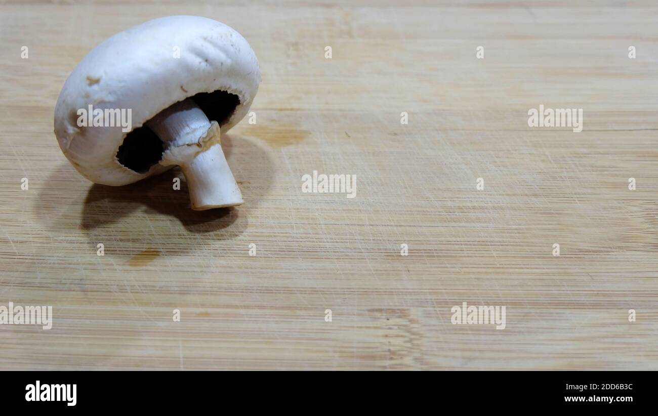 A single whole white button mushroom on a wooden cutting board, with copy space on the right. Stock Photo