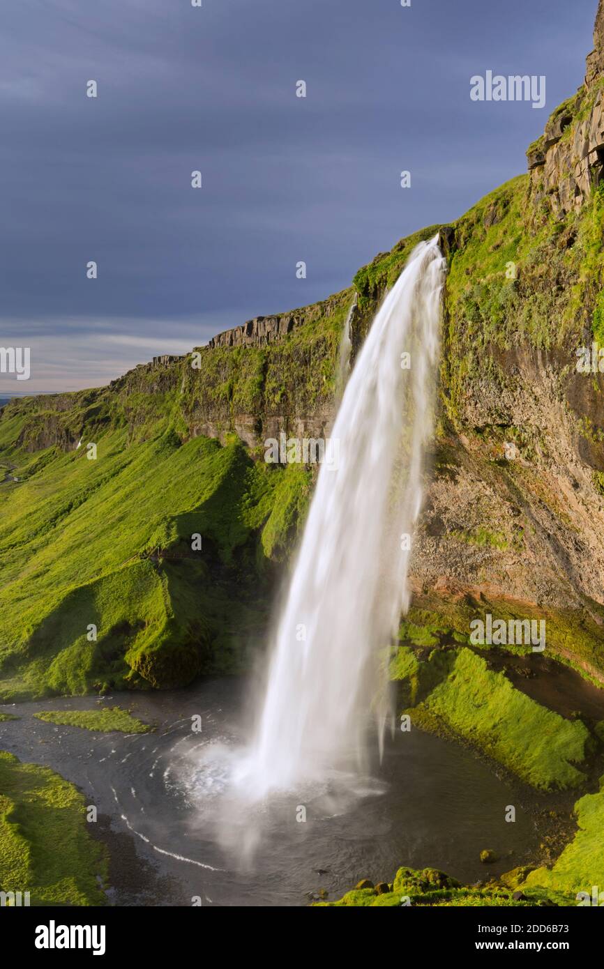 Seljalandsfoss waterfall, part of the Seljalands River in summer, South Region, Iceland Stock Photo