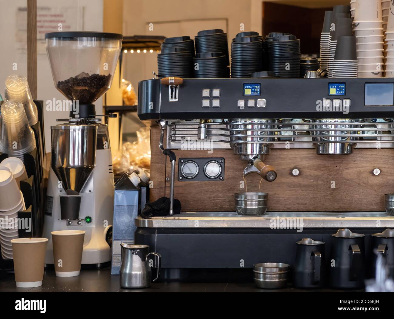 Coffee machine, shop. Espresso preparation, professional equipment background, takeaway service Stock Photo - Alamy