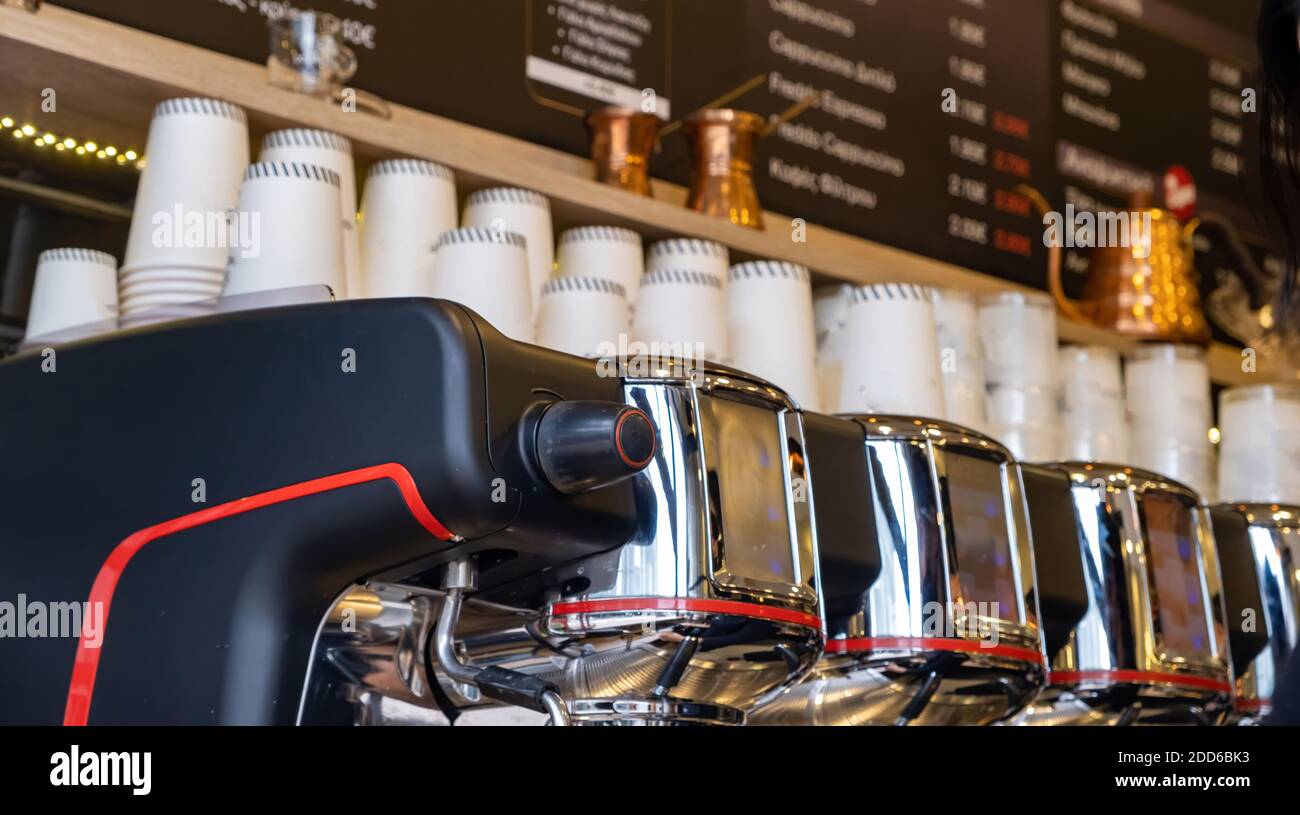 Coffee machine, cafe shop. Espresso professional maker closeup view