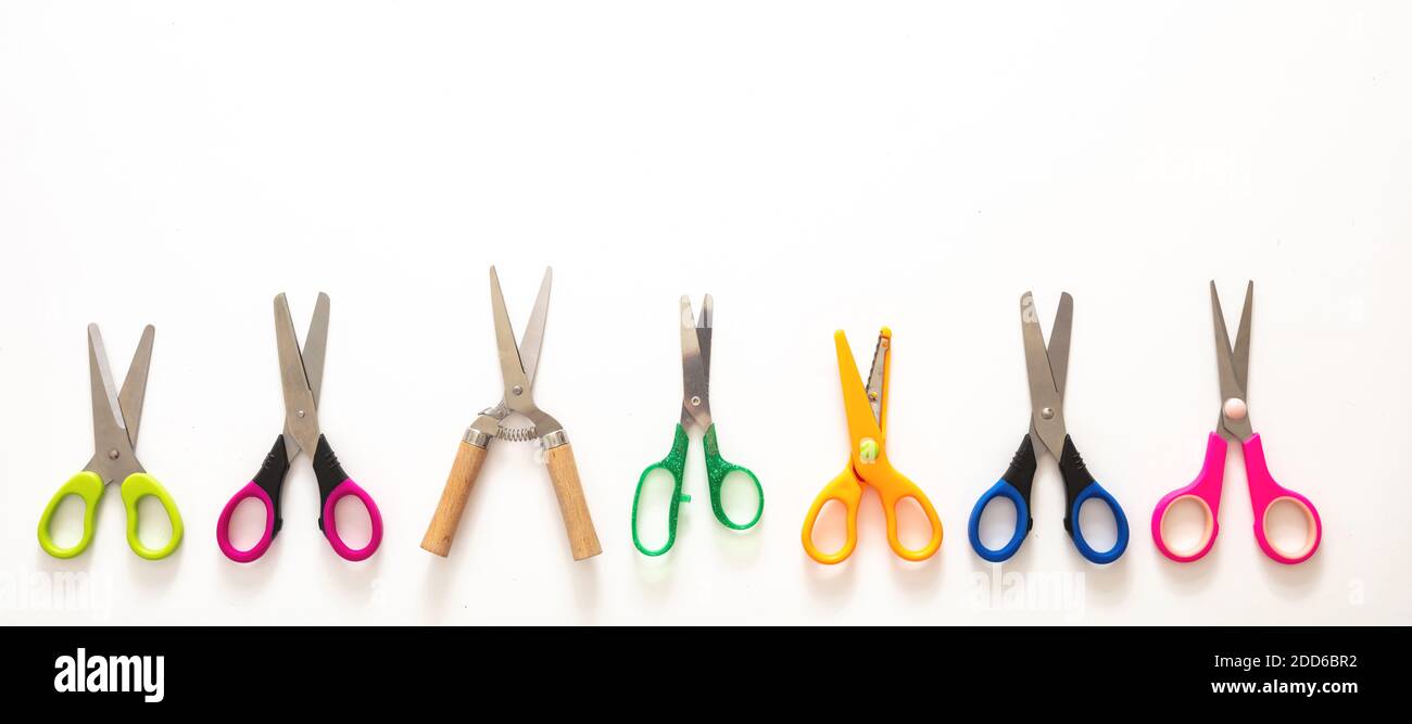 Scissors set on white background, School preschool supplies, colorful ...