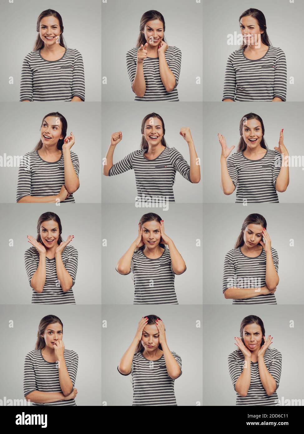 Multiple portraits of the same woman doing diferent expressions Stock Photo