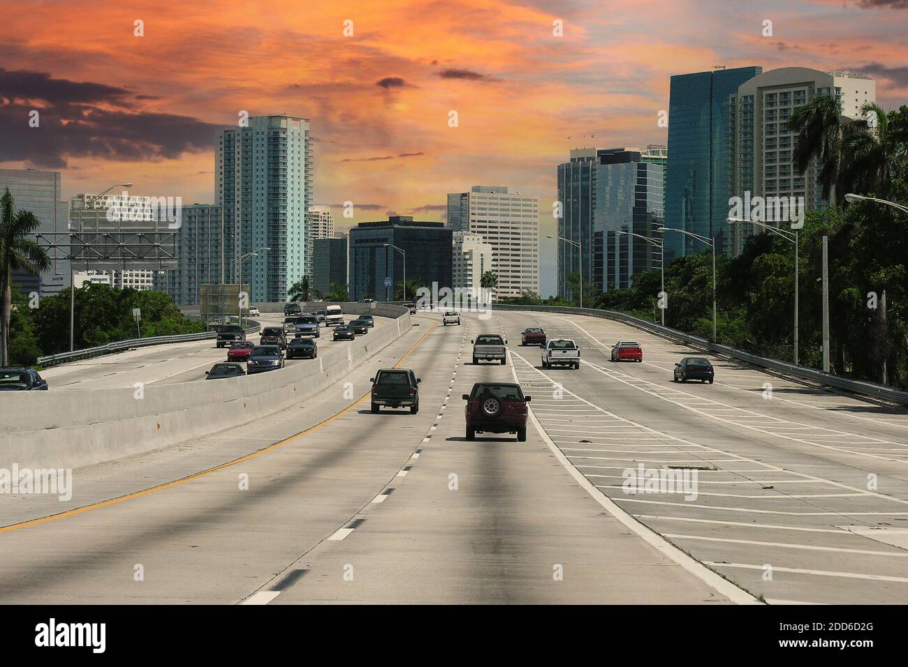 Archival September 2005 view of Interstate 95 freeway in Miami Florida with sunset sky. Stock Photo