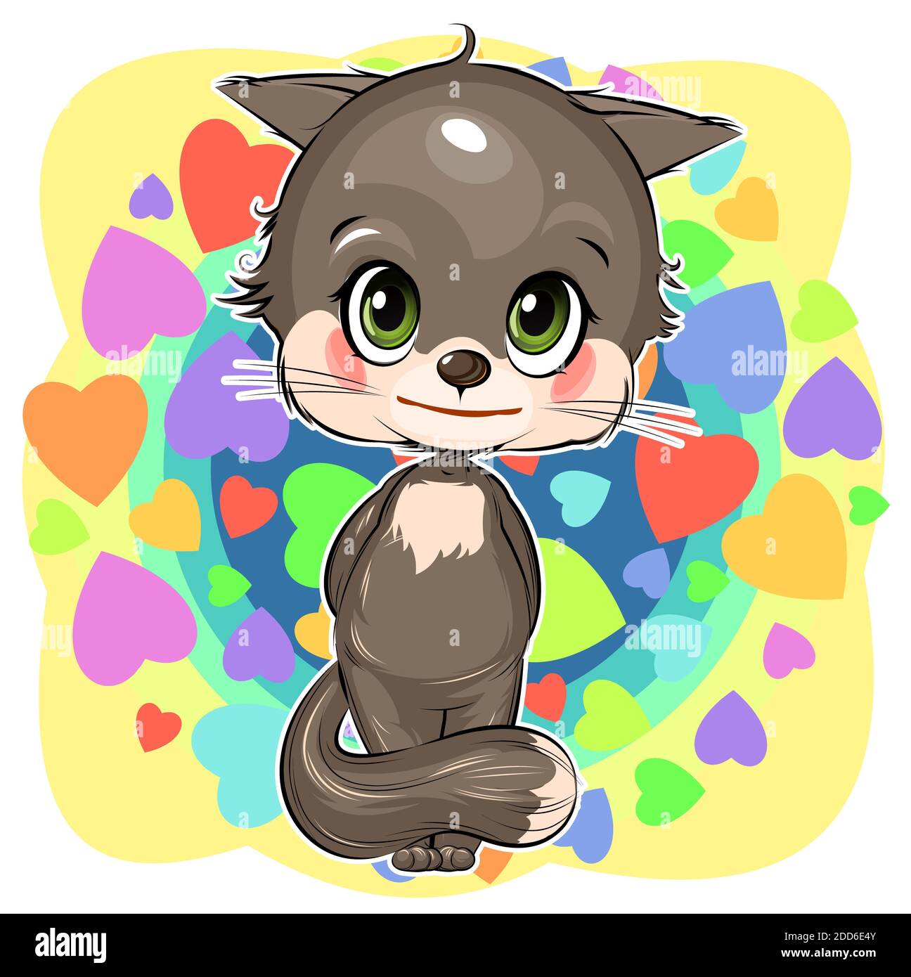 Little Kitten. Kitty cub. Cute funny animal on an abstract background with  hearts. Child. Cartoon style. Isolated on white Stock Photo - Alamy