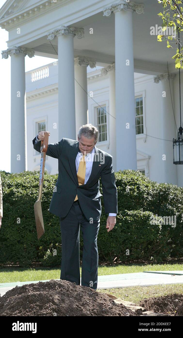 NO FILM, NO VIDEO, NO TV, NO DOCUMENTARY - President George W. Bush takes part in a ceremony planting a Jefferson Elm on the North Lawn of the White House in Washington, DC, USA on October 2, 2006. The tree replaces an American Elm that was damaged in a storm this summer. Photo by Chuck Kennedy/MCT/ABACAPRESS.COM Stock Photo