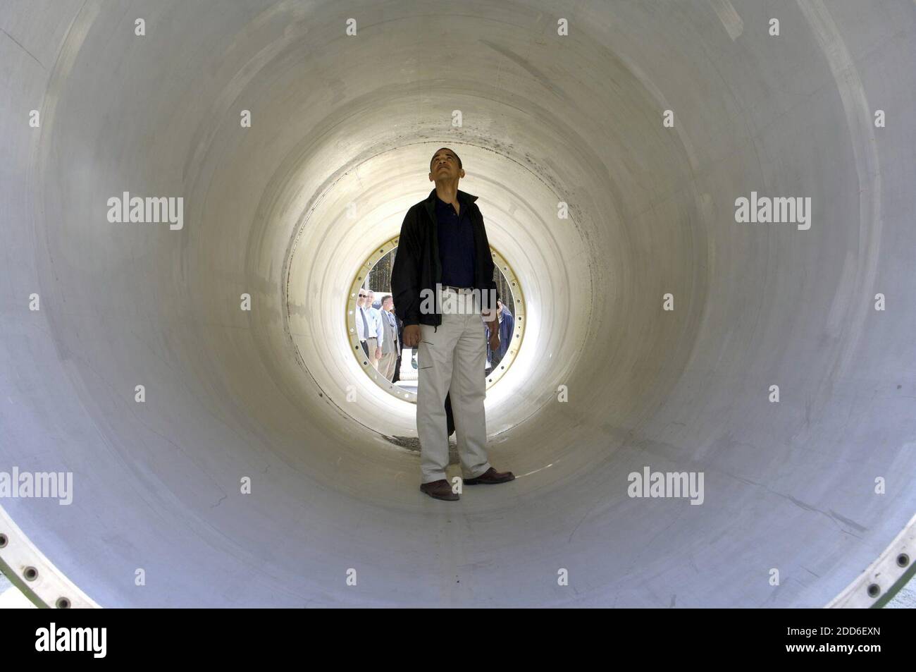 NO FILM, NO VIDEO, NO TV, NO DOCUMENTARY - Sen. Barack Obama (D-IL), walks through the canister of a disassembled SS-24 nuclear missile in Perm, Russia, August 28, 2005. Photo by Pete Souza/Chicago Tribune/MCT/ABACAPRESS.COM Stock Photo