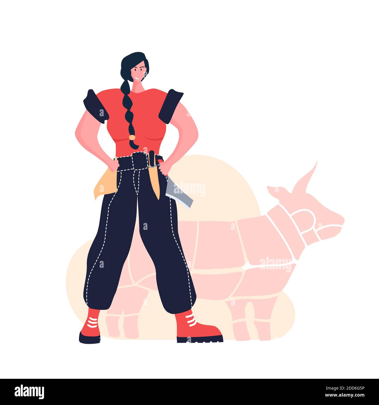 Butcher woman. Female profession. Feminism. Fresh meat and meat products Meat market worker. Isolated vector illustration Stock Vector