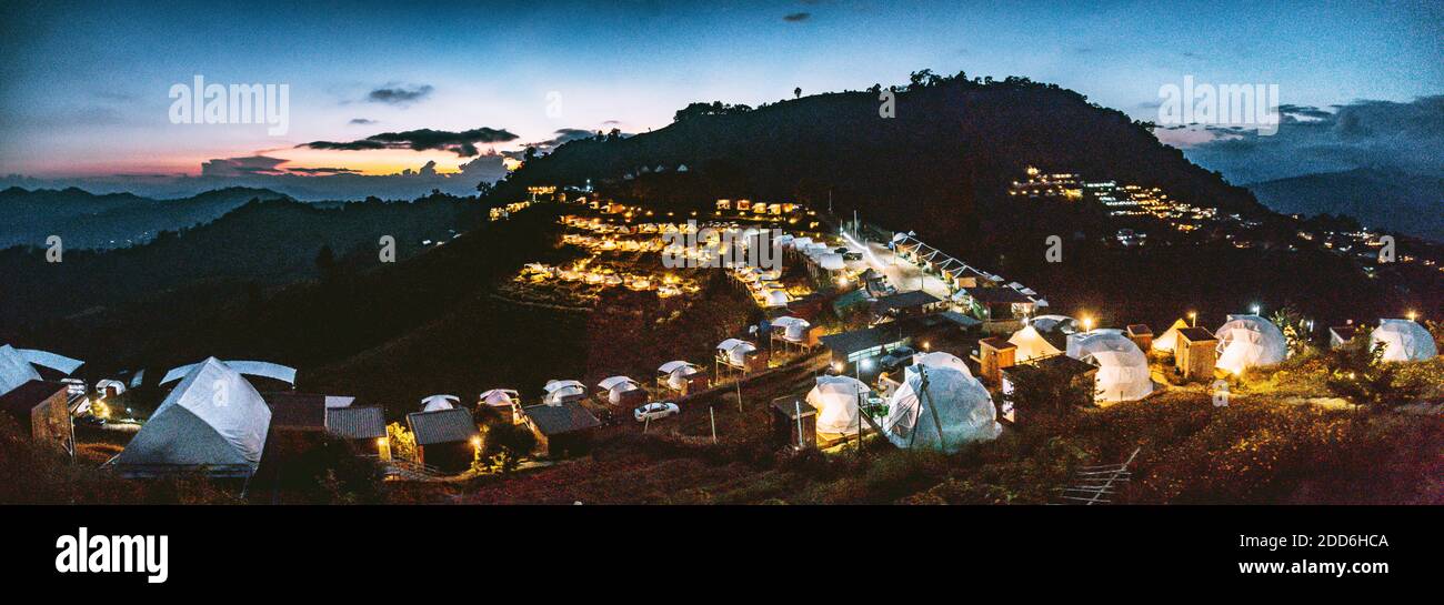 Aerial view of camping grounds and tents on Doi Mon Cham mountain in Mae Rim, Chiang Mai province, Thailand Stock Photo