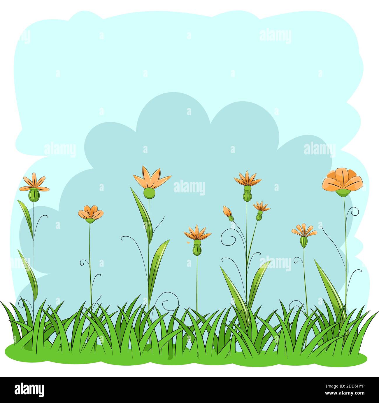 Blooming meadow with grass and flowers. Sky. Cartoon just style. Isolated on white background. Romantic fabulous illustration. Stock Photo