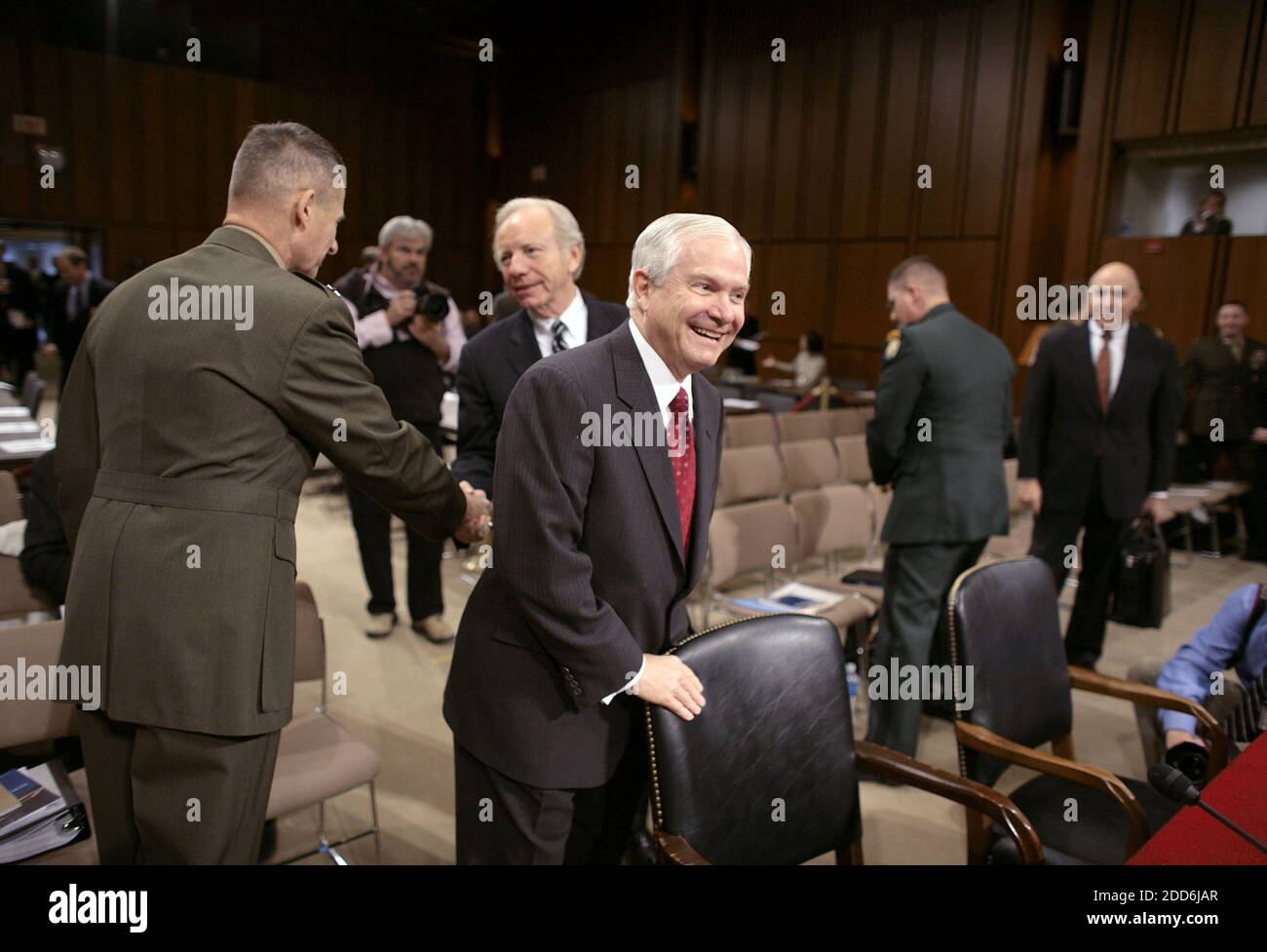 NO FILM, NO VIDEO, NO TV, NO DOCUMENTARY - Defense Secretary Robert Gates, foreground, and General Peter Pace meet on Capitol Hill in Washington, D.C., USA on January 12, 2007, before the Senate Armed Services Committee. Photo by Chuck Kennedy/MCT/ABACAPRESS.COM Stock Photo