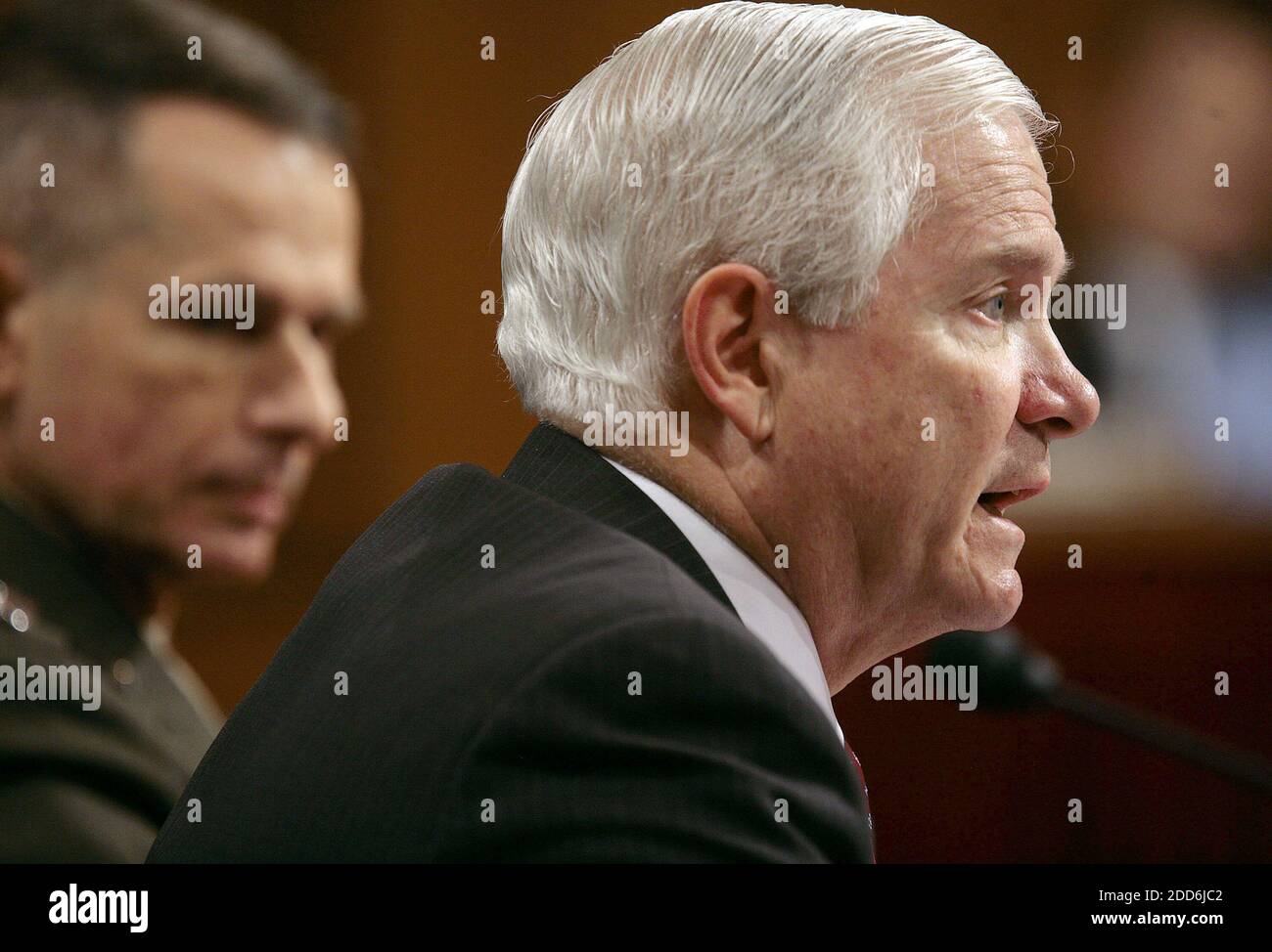 NO FILM, NO VIDEO, NO TV, NO DOCUMENTARY - Defense Secretary Robert Gates, foreground, and General Peter Pace meet on Capitol Hill in Washington, D.C., USA on January 12, 2007, before the Senate Armed Services Committee. Photo by Chuck Kennedy/MCT/ABACAPRESS.COM Stock Photo