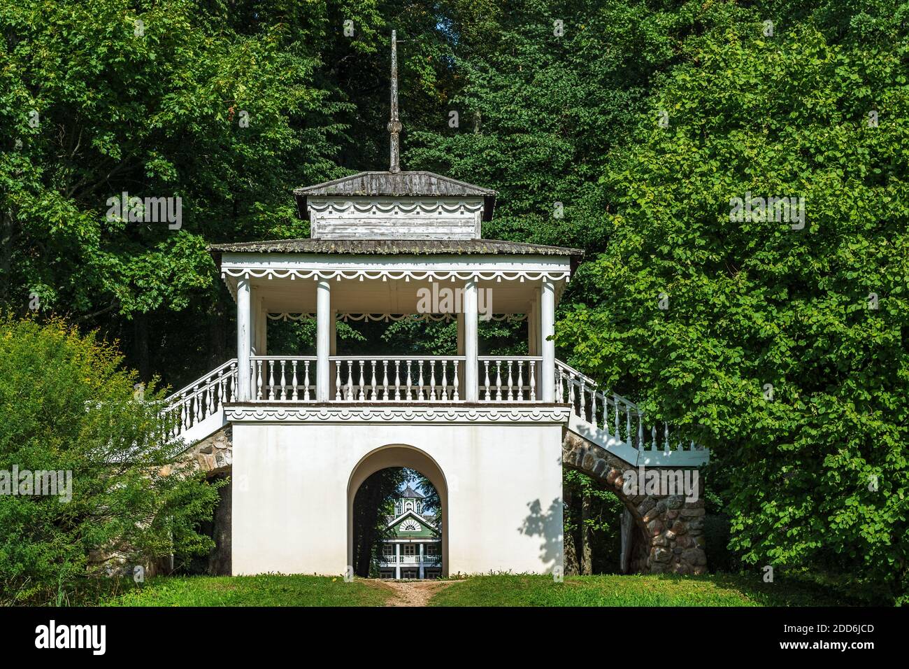 Pavilion Grotto, made in the form of a gazebo in the Petrovskoe estate in the Pushkin mountains. Stock Photo