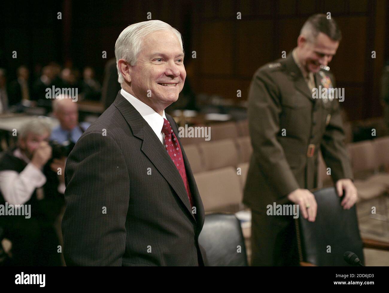 NO FILM, NO VIDEO, NO TV, NO DOCUMENTARY - Defense Secretary Robert Gates, foreground, and General Peter Pace meet on Capitol Hill in Washington, D.C., USA on January 12, 2007, before the Senate Armed Services Committee. Photo by Chuck Kennedy/MCT/ABACAPRESS.COM Stock Photo