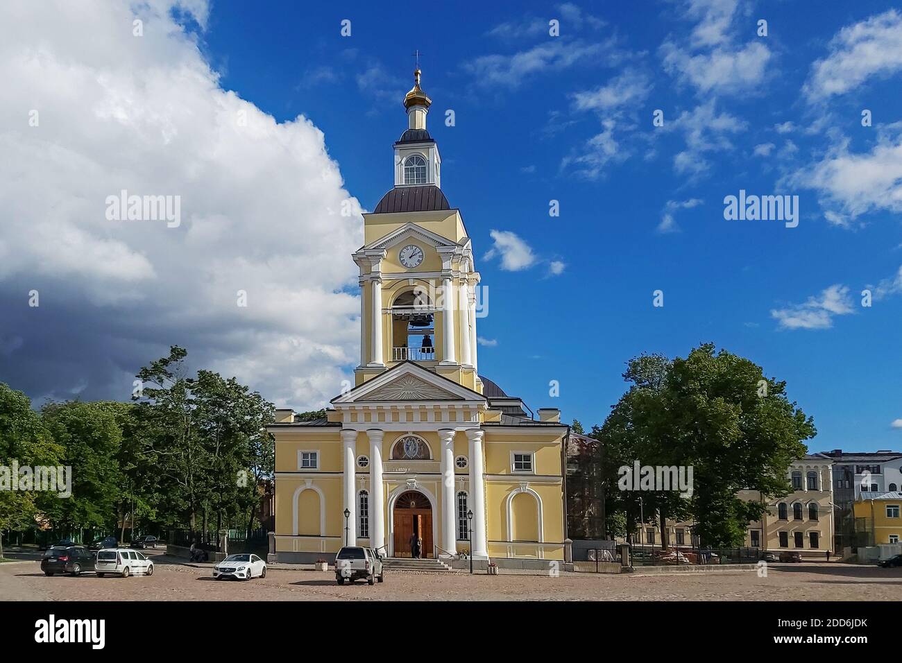 Vyborg, Russia, August 26: View of the Spaso-Preobrazhensky Cathedral on Cathedral square against the blue sky in the city of Vyborg, August 26, 2020. Stock Photo