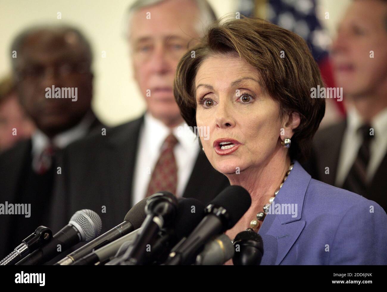 NO FILM, NO VIDEO, NO TV, NO DOCUMENTARY - Speaker of the House Nancy Pelosi, D-CA, speaks during a news conference at the Capitol, Thursday, January 18, 2007, in Washington. Democrats in Congress congratulated themselves after the House passed the last of six priority bills within a self-imposed deadline of the first 100 legislative hours. Photo by Chuck Kennedy/MCT/ABACAPRESS.COM Stock Photo