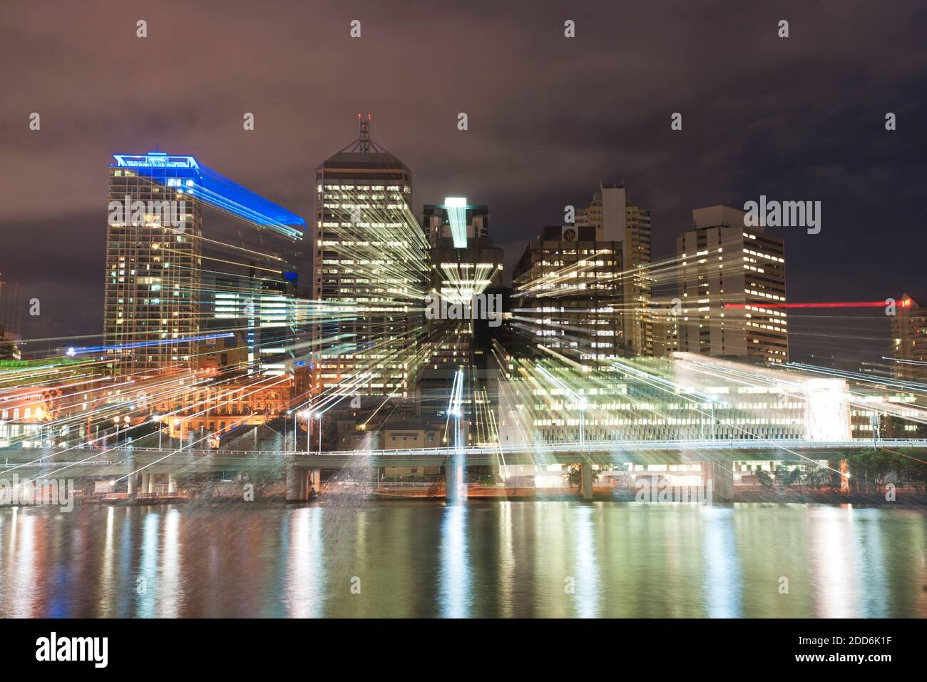 Zoom Burst Photo of Brisbane City Skyline at Night, Queensland, Australia Stock Photo