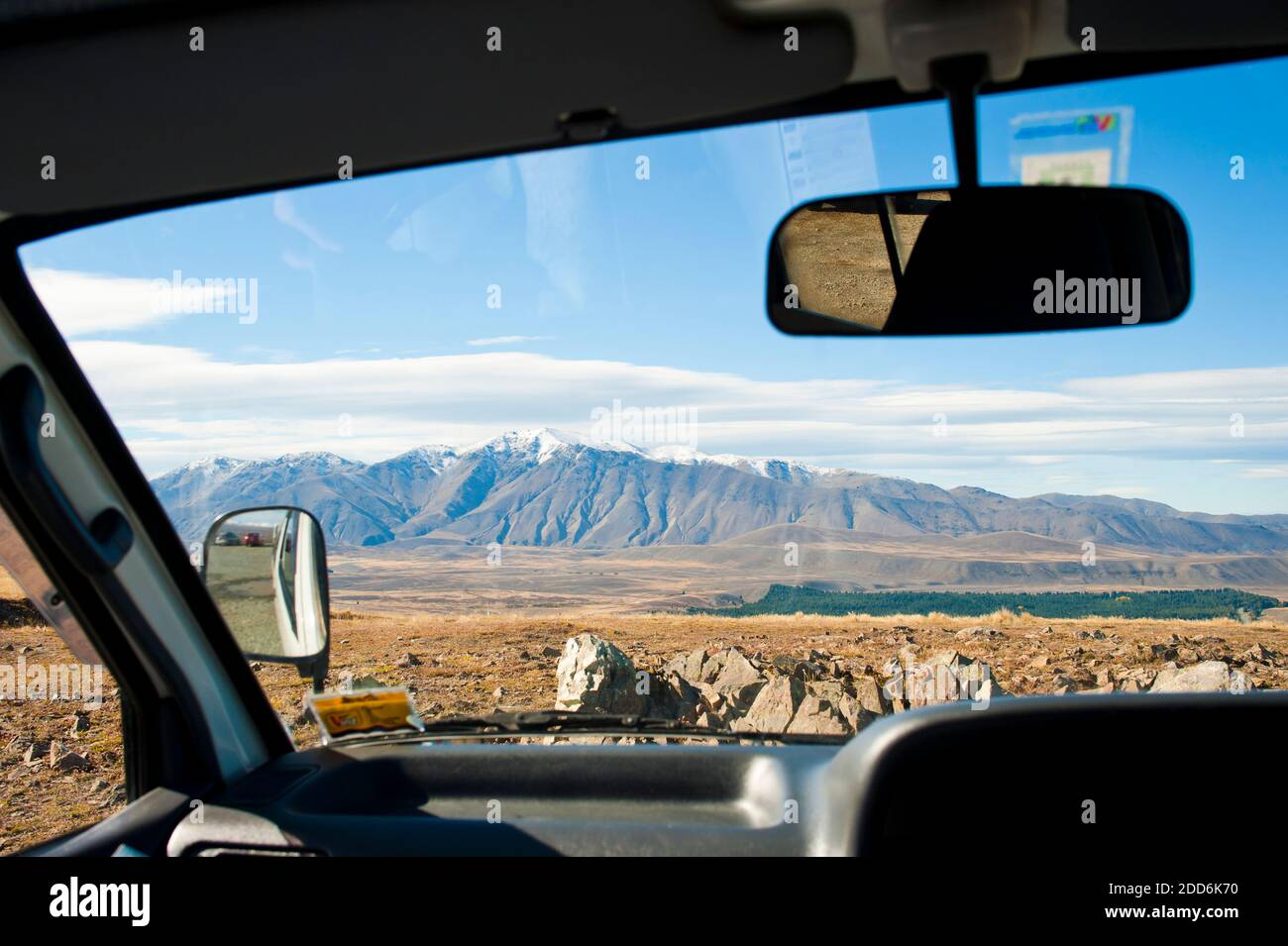 View of Southern Alps out of a Campervan, South Island, New Zealand Stock Photo