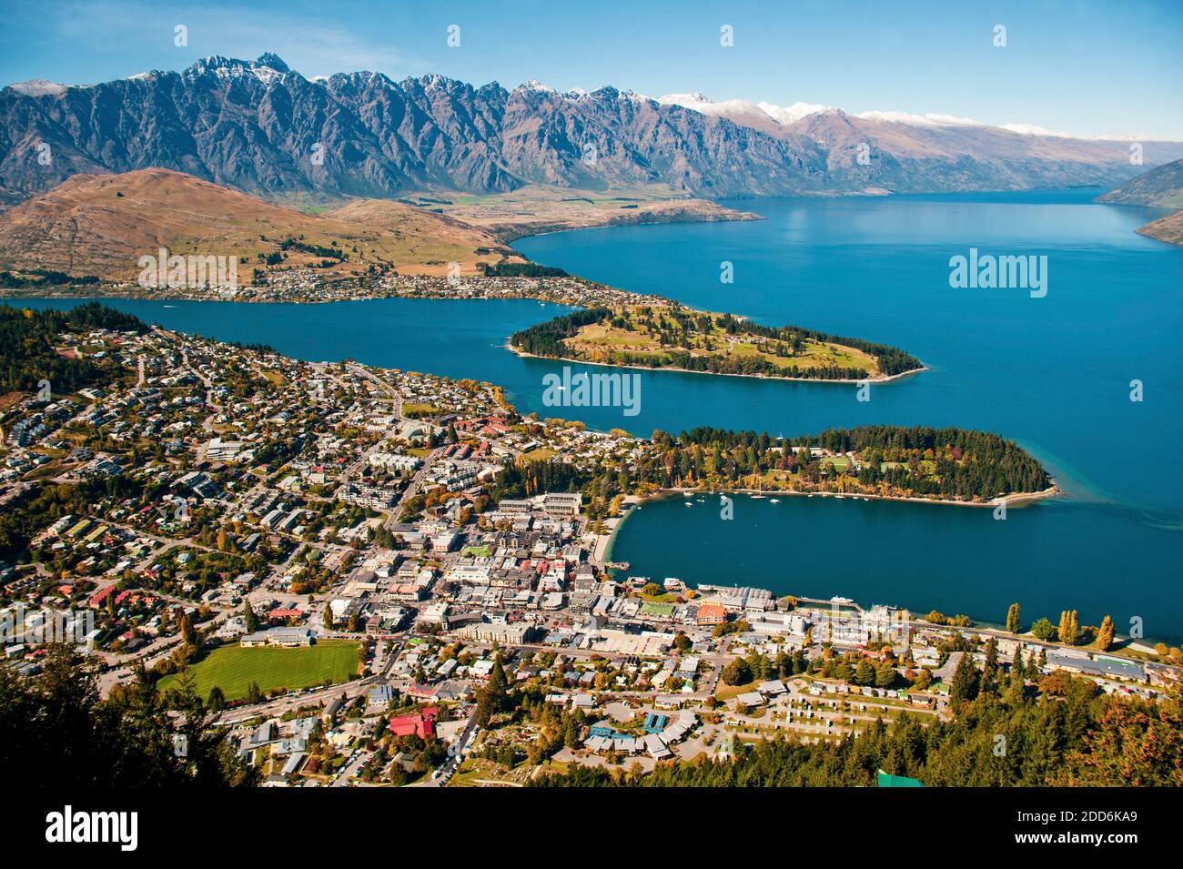 An Aerial View of Queenstown and Lake Wakatipu, South Island, New Zealand Stock Photo