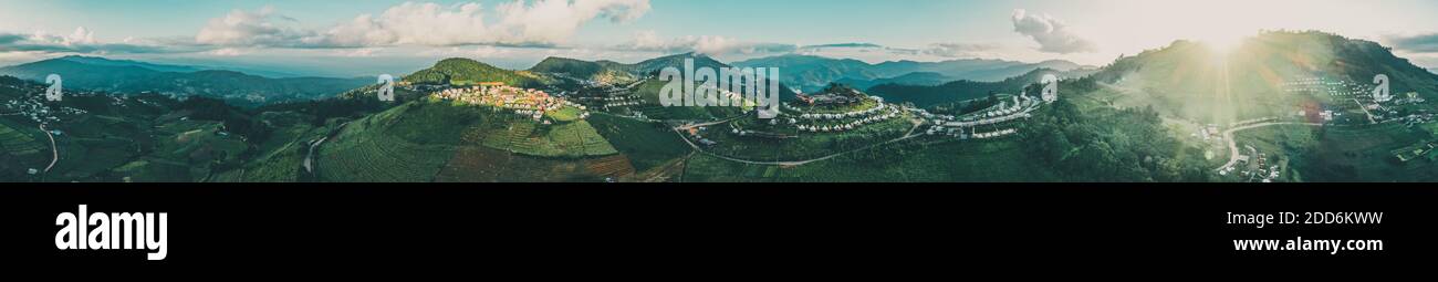 Aerial view of camping grounds and tents on Doi Mon Cham mountain in Mae Rim, Chiang Mai province, Thailand Stock Photo
