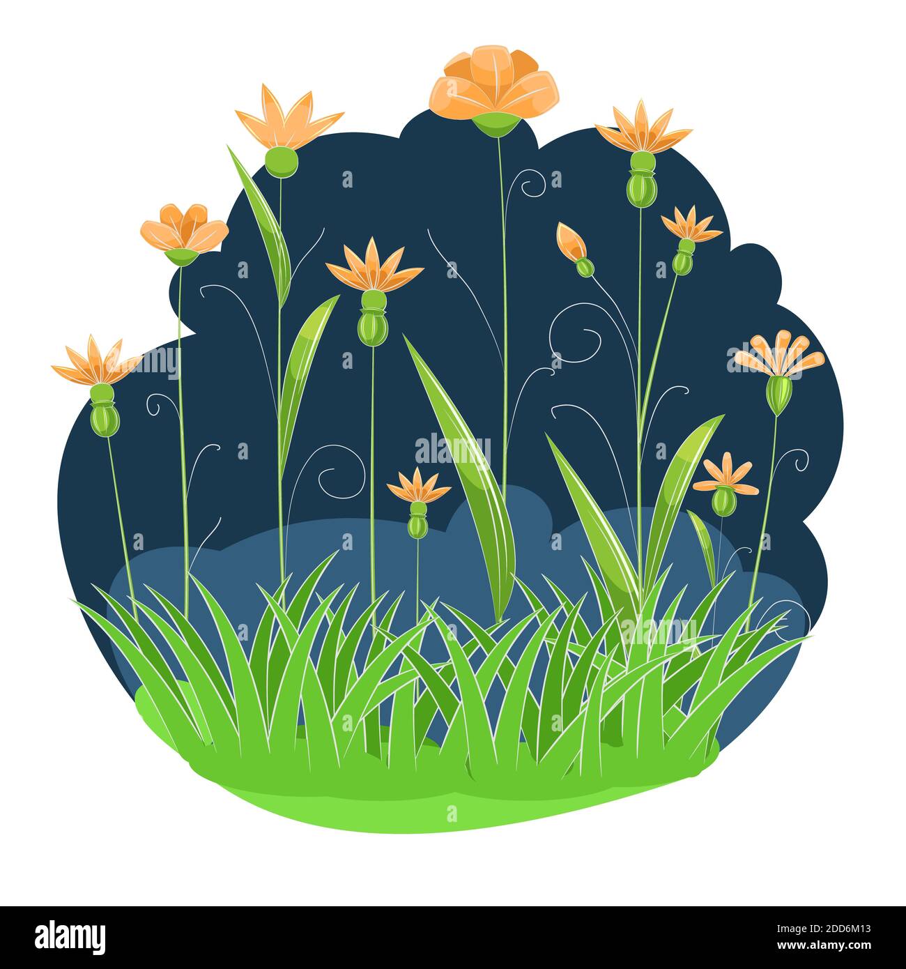 Blooming meadow with grass, flowers. Green night landscape. Cartoon style. Fabulous illustration. Background image isolated on white. Beautiful Stock Photo