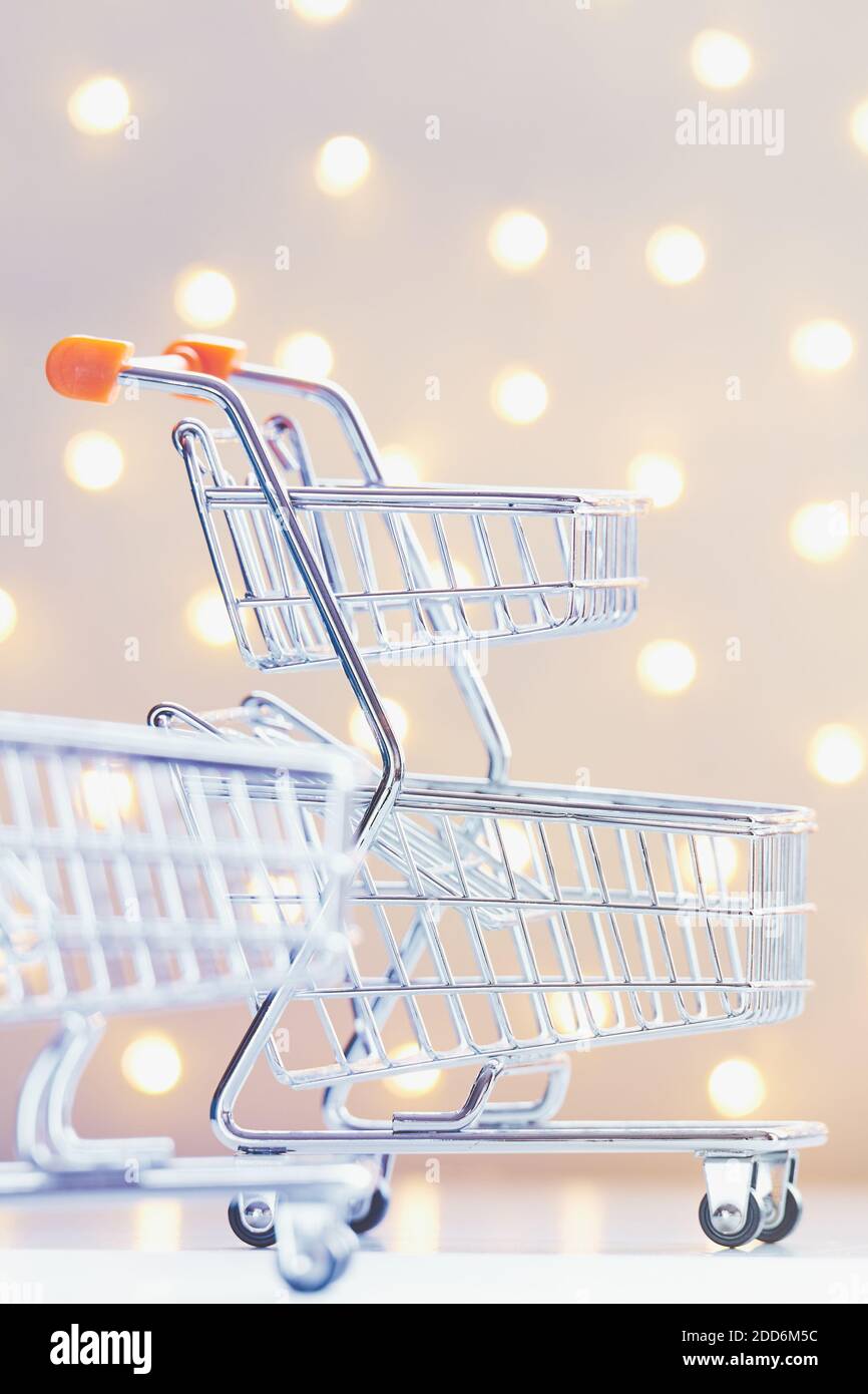 Close up picture of empty shopping carts, color toned conceptual picture, selective focus. Stock Photo