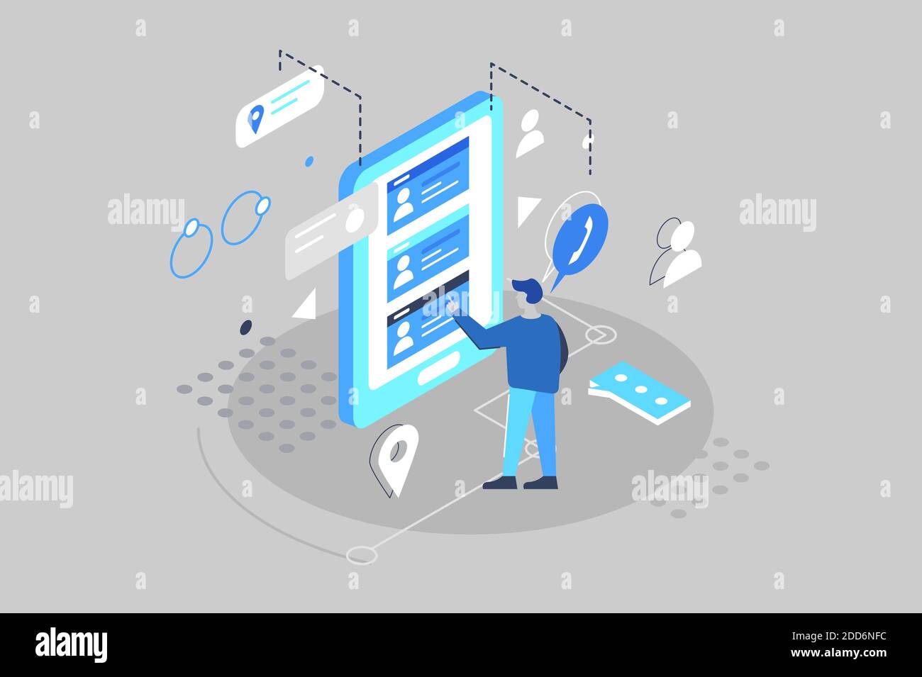 3D isometric, the guy selects contacts in the phone Stock Vector