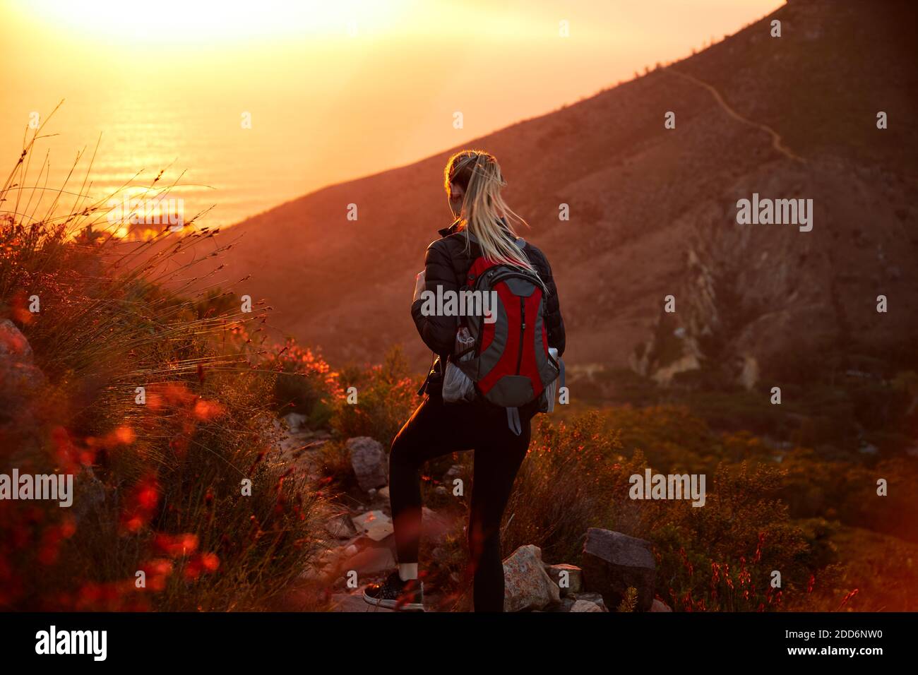 Rear view of young woman on vacation wearing backpack setting off on hike climbing coastal path at sunset Stock Photo
