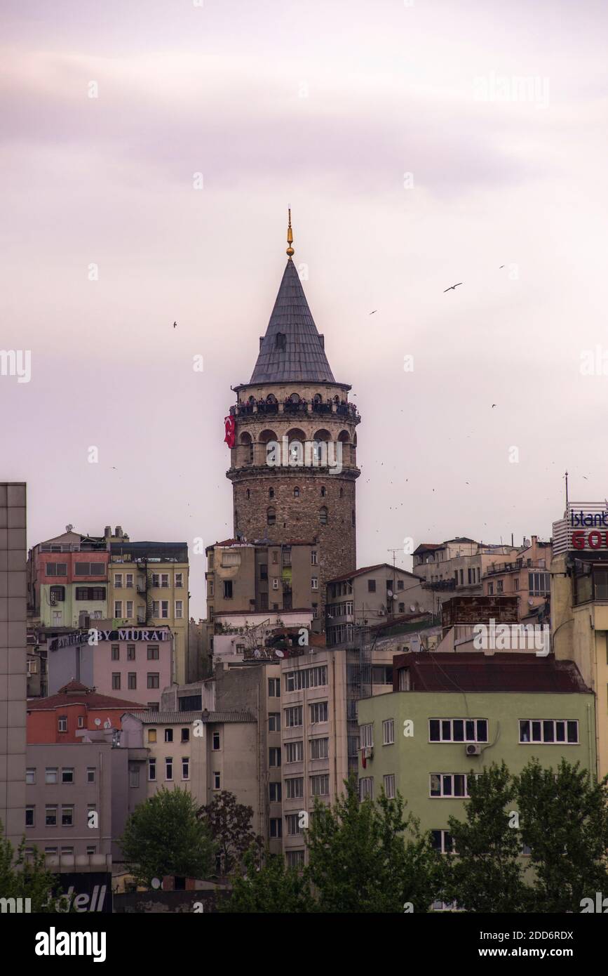 Sunset Galata Tower (Galata Kulesi), Istanbul, Turkey, Eastern Europe Stock Photo