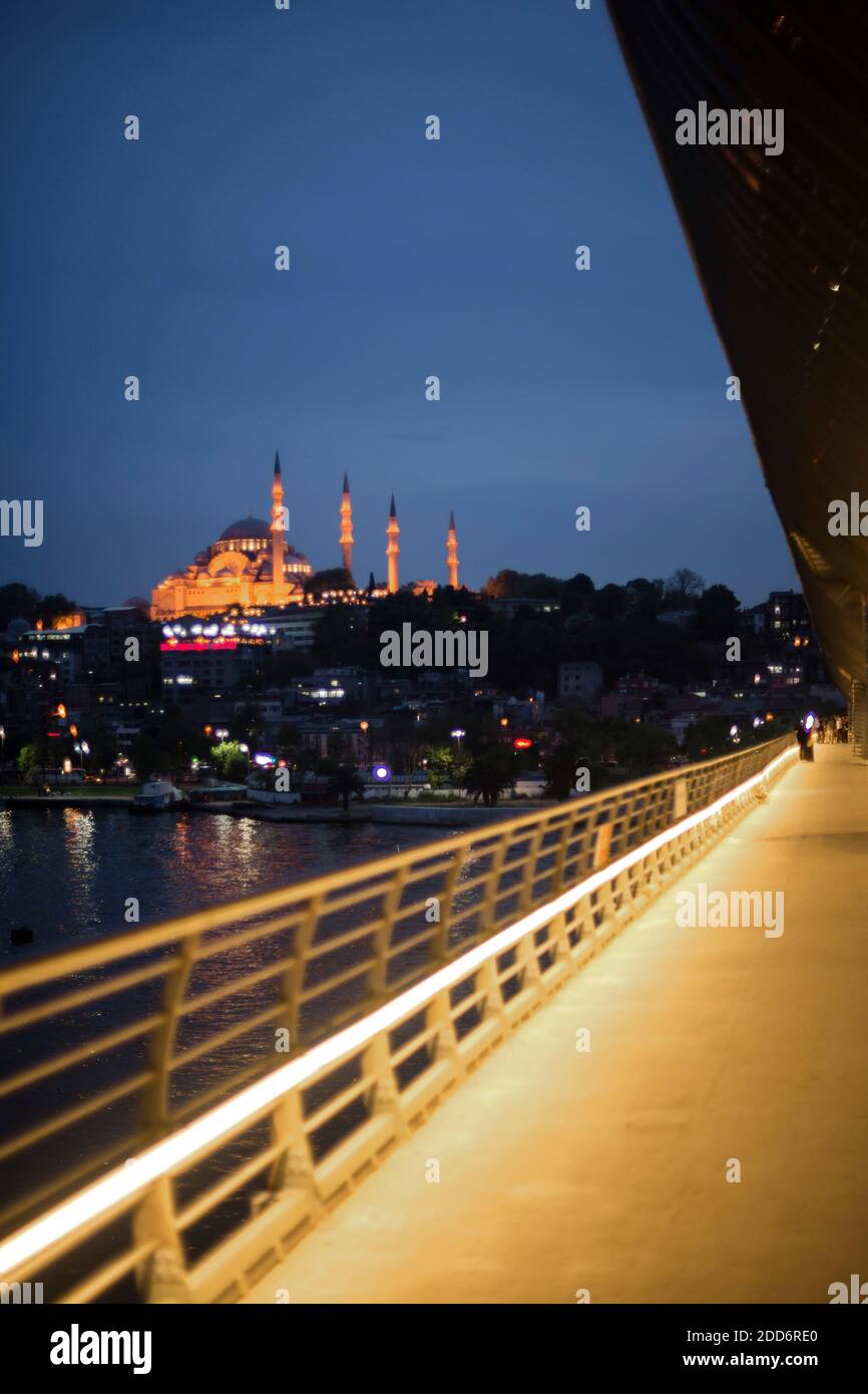Suleymaniye Mosque at night seen from Golden Horn Metro Bridge, Istanbul, Turkey, Eastern Europe Stock Photo