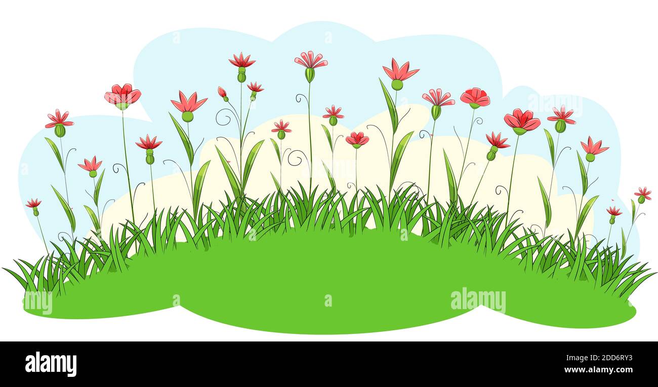 Blooming meadow with grass and flowers. Sky. Cartoon just style. Isolated on white background. Romantic fabulous illustration. Stock Photo