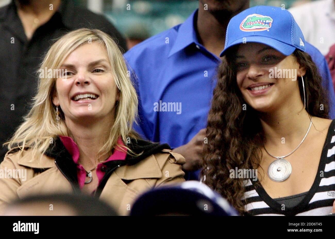 NO FILM, NO VIDEO, NO TV, NO DOCUMENTARY - Joakim Noah's mother, Cecilia  Rhode (left), and sister, Yelena Noah, watch the University of Florida  practice at the Georgia Dome for their upcoming