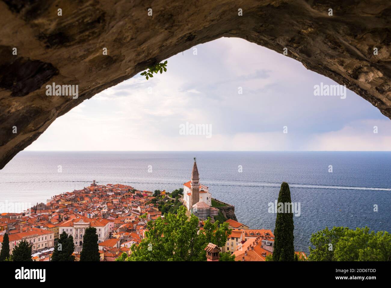 Piran Town Walls view of Piran and St Georges Parish Church bell tower ...