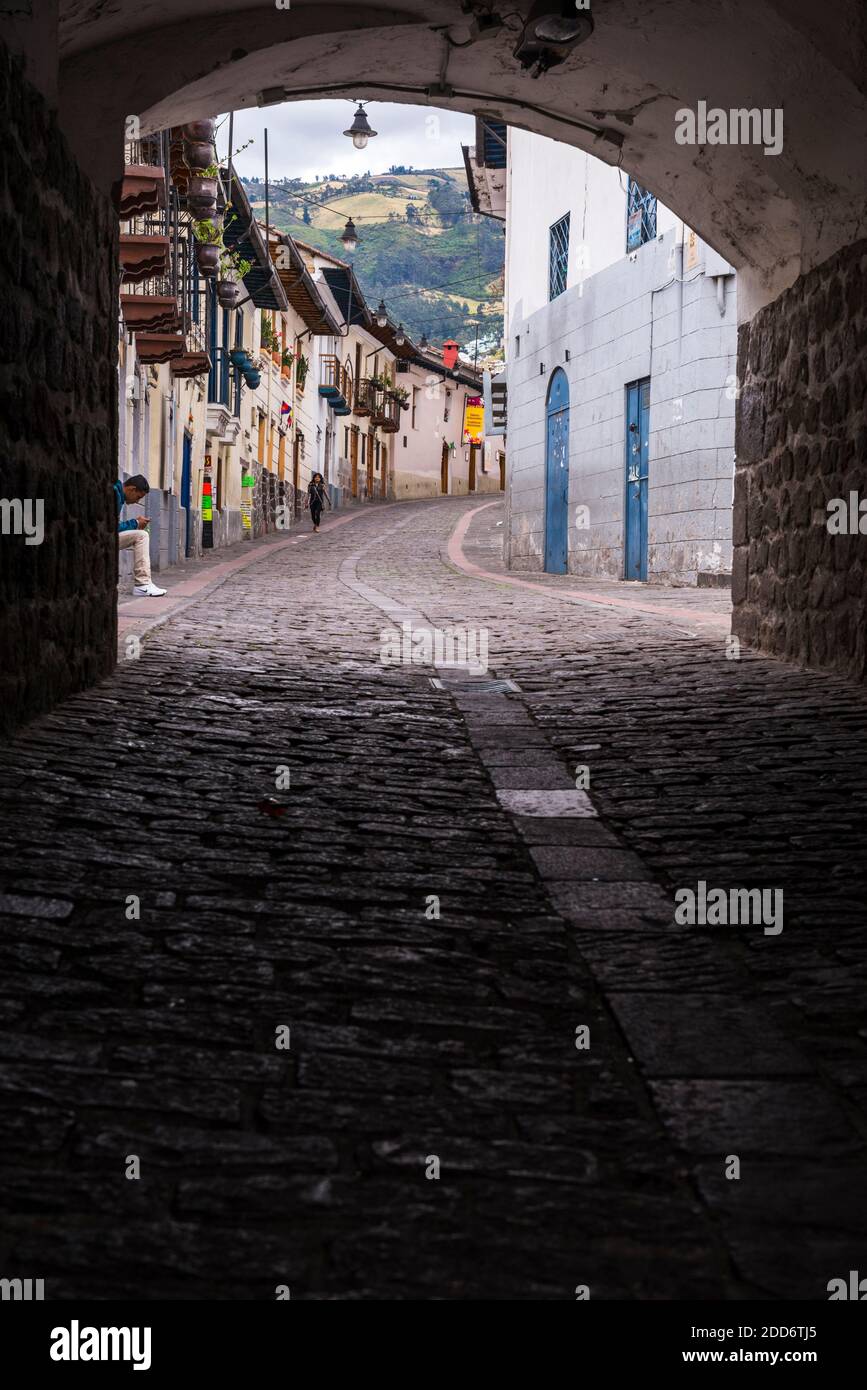 La Ronda, a famous street in the Historic Centre of the Old City of Quito, Ecuador, South America Stock Photo