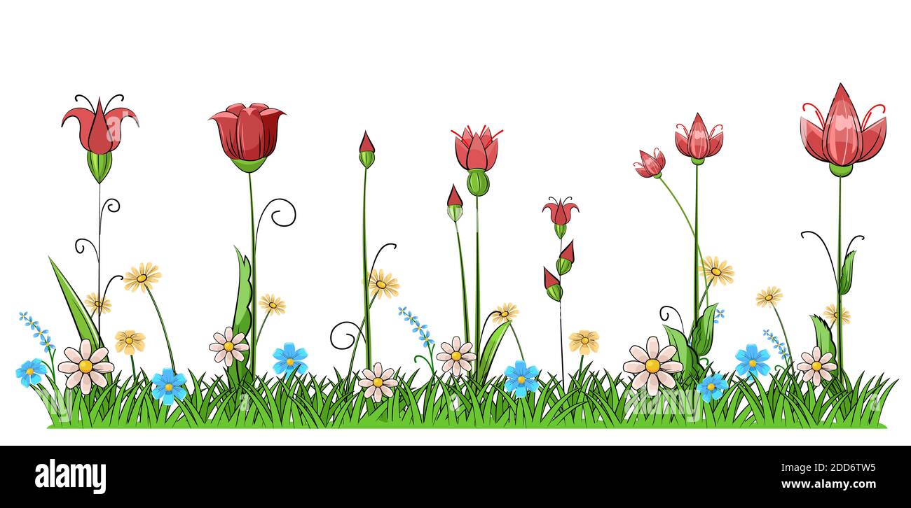 Blooming meadow with grass and flowers. Cartoon just style. Isolated on white background. Romantic fabulous illustration. Stock Photo