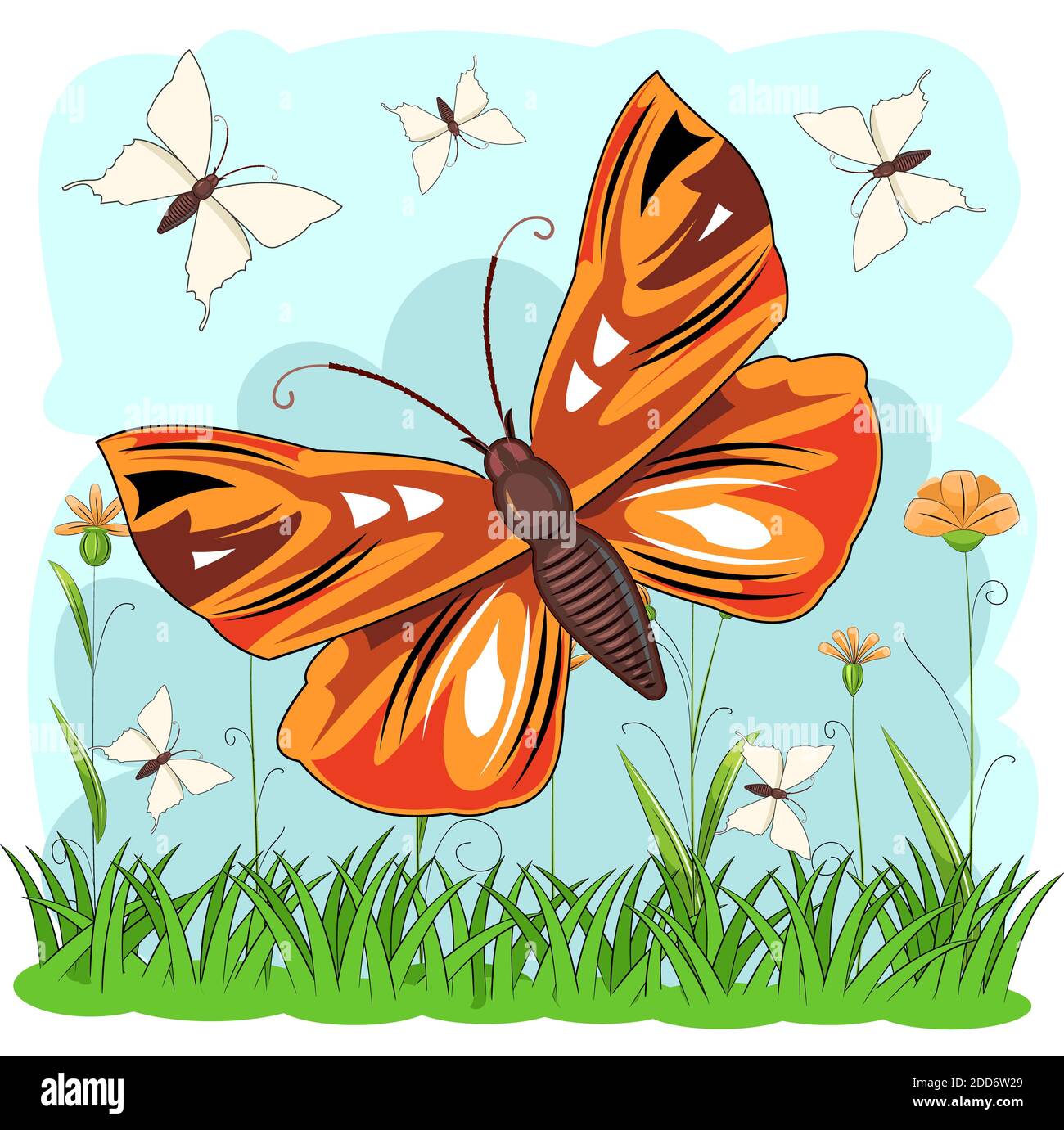 Butterflies on the background of a summer meadow. Grass. Landscape in a cartoon style. Bright beautiful square composition. Isolated object on white Stock Photo - Alamy Butterflies on the background of a summer meadow. Grass. Landscape in a cartoon style. Bright beautiful square composition. Isolated object on white Stock Photo - Alamy