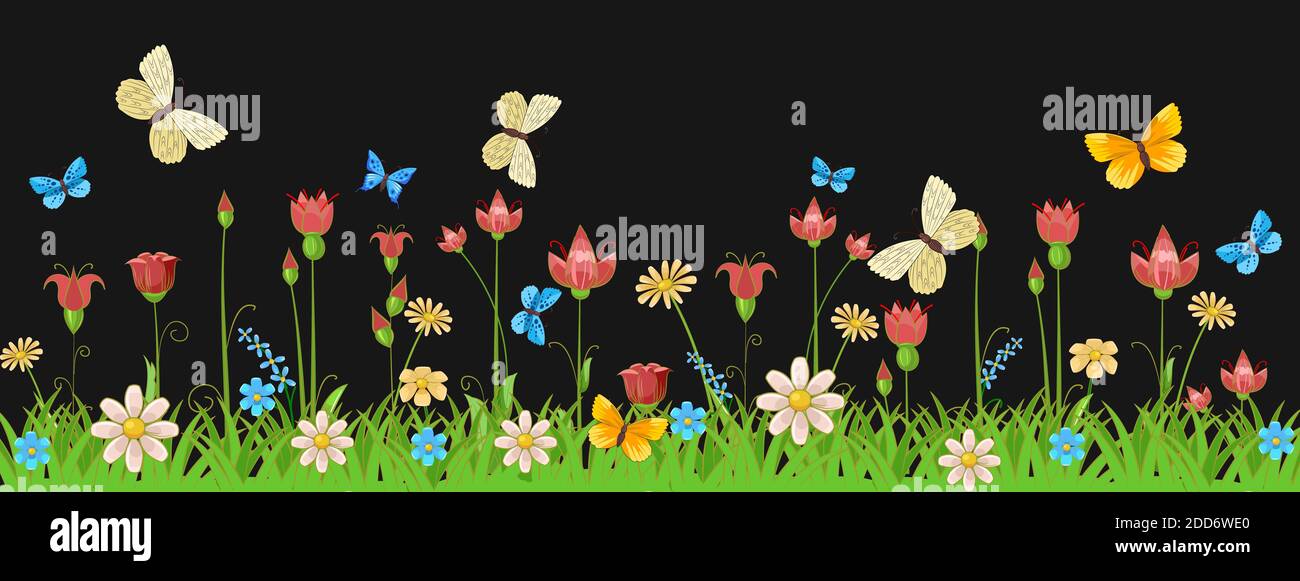 Blooming meadow with grass, flowers and butterflies. Night landscape. Cartoon style. Fabulous illustration. Background picture. Beautiful natural view Stock Photo