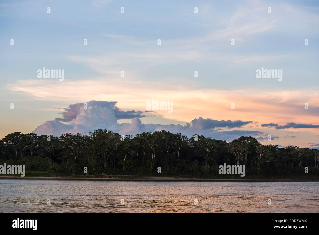 Sunset over river in Amazon Jungle of Peru, Tambopata National Reserve, Peru, South America Stock Photo