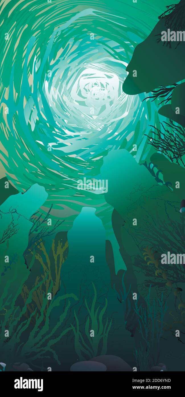 Undersea world illustration background, colored silhouettes elements, flat Stock Vector