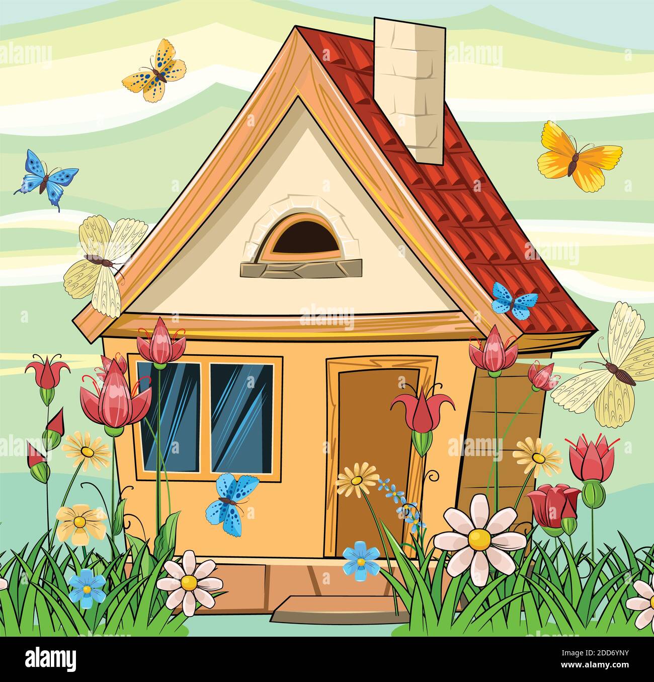 Old village house. Fabulous cartoon object. Cute childish style. Ancient dwelling. Tiny, small. Against the background of a landscape with butterflies Stock Photo - Alamy Old village house. Fabulous cartoon object. Cute childish style. Ancient dwelling. Tiny, small. Against the background of a landscape with butterflies Stock Photo - Alamy