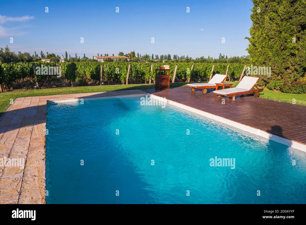 Swimming pool at Resort Club Tapiz Boutique Hotel, a Bodega (winery) and accommodation in the Maipu area of Mendoza, Mendoza Province, Argentina, South America Stock Photo