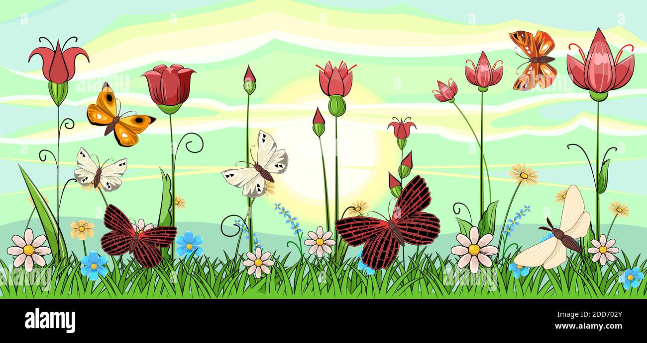 Blooming meadow with grass and flowers. Landscape with sky and sun. Cartoon style. Fabulous illustration. Background picture. Beautiful natural view Stock Photo