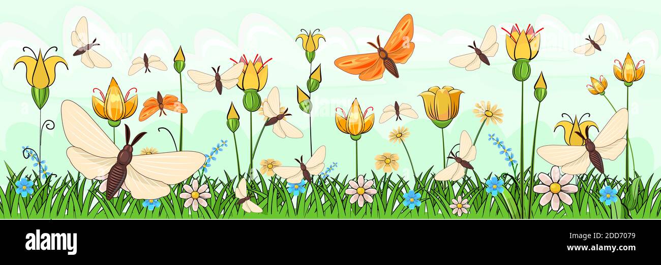 Blooming meadow with grass and flowers. Landscape with the sky. Cartoon style. Fabulous illustration. Background picture. Beautiful natural view. Wild Stock Photo