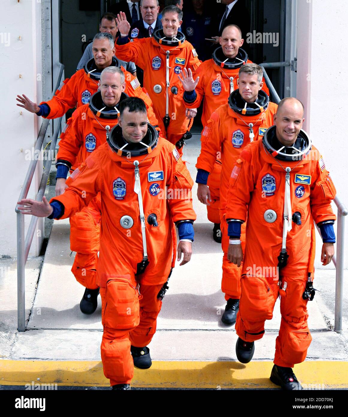 NO FILM, NO VIDEO, NO TV, NO DOCUMENTARY - Space Shuttle Atlantis astronauts (first row, left-right) Pilot Lee Archambault, Commander Frederick Stueckow, (second row, left-right) Patrick Forrester, Steven Swanson, (third row, left-right) John Olivas, Clayton Anderson and James Reilly, all mission specialist, leave the Operations and Checkout Building in Cape Canaveral, FL, USA on Friday, June 8, 2007. Photo by Red Huber/Orlando Sentinel/MCT/ABACAPRESS.COM Stock Photo