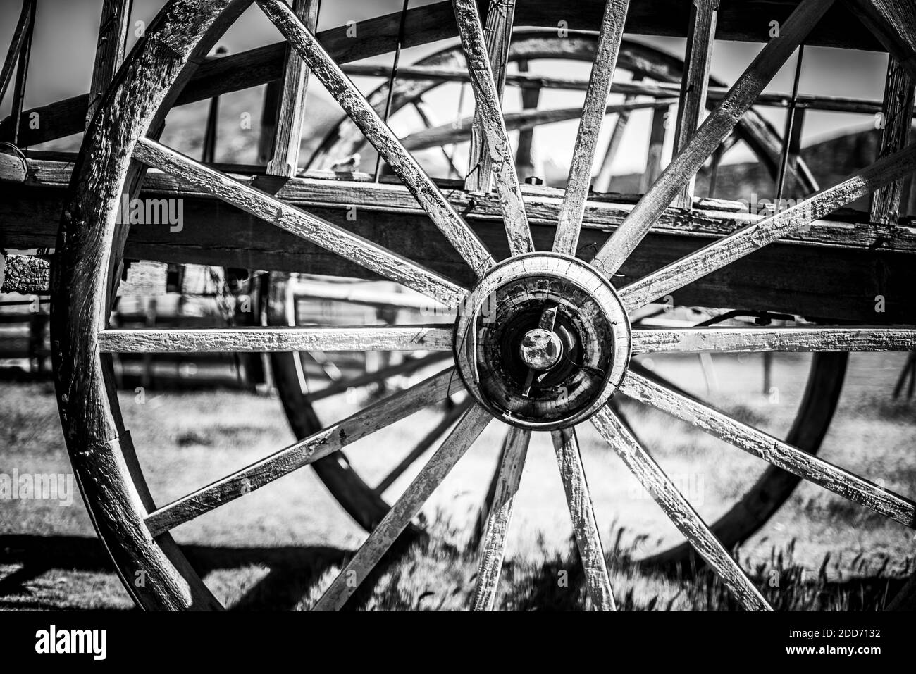 Wheel of an old horse cart on the farm at Estancia La Oriental, Perito Moreno National Park, Santa Cruz Province, Patagonia, Argentina, South America Stock Photo
